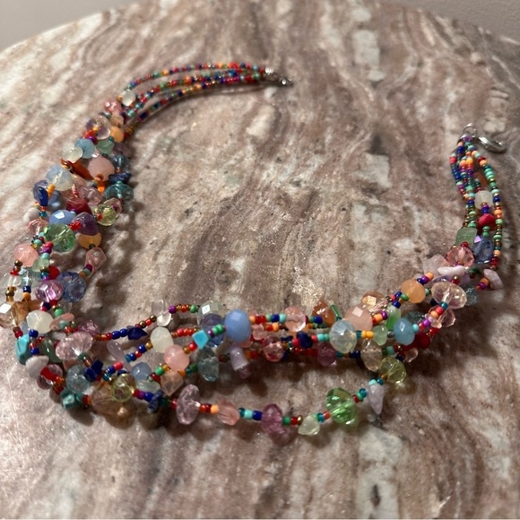 Multicolor 5 Strand Beaded Gemstone & Glass Beads Chocker Necklace Vibrant - Picture 6 of 16